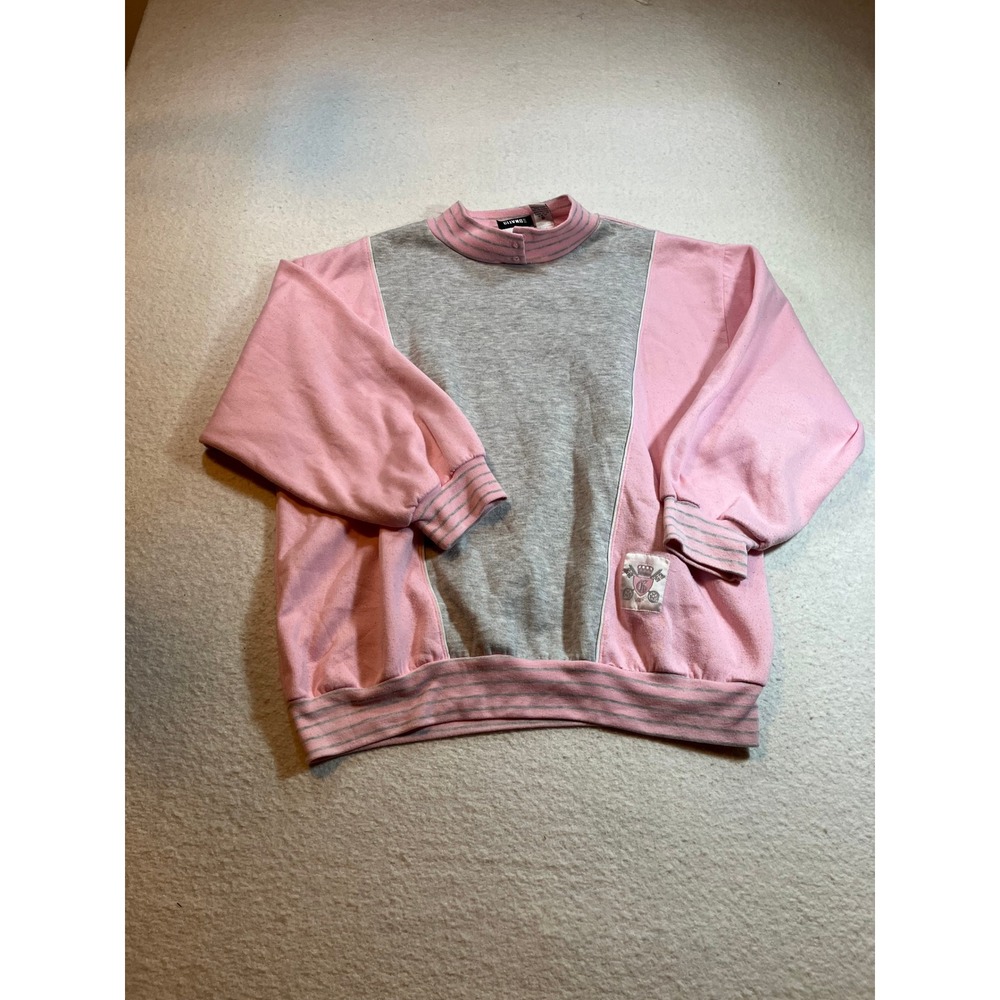Vintage Gitano Pink Grey Colorblock Button Mock Neck Pullover Sweatshirt Sz 22